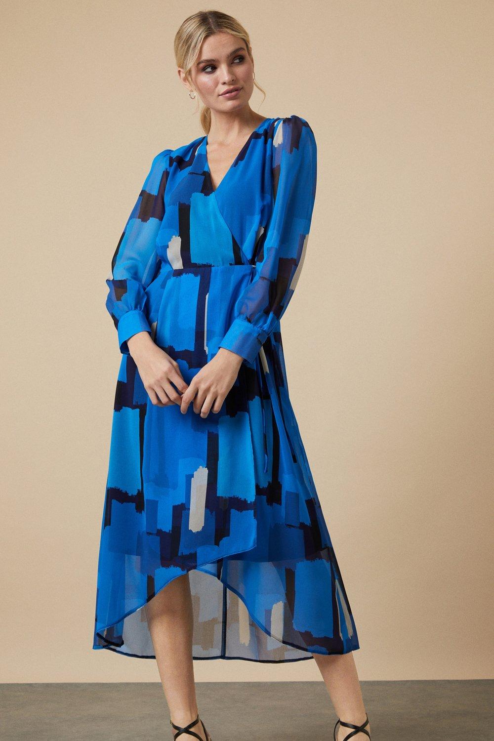 Blue Abstract Blouson Sleeve Wrap Dress