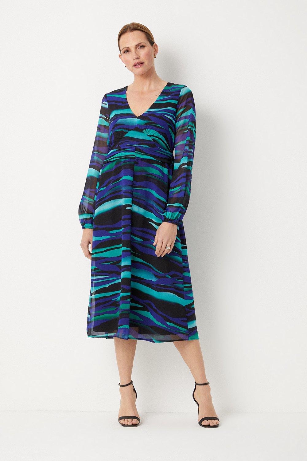 Petite Teal Stripe Ruched Front Midi Dress