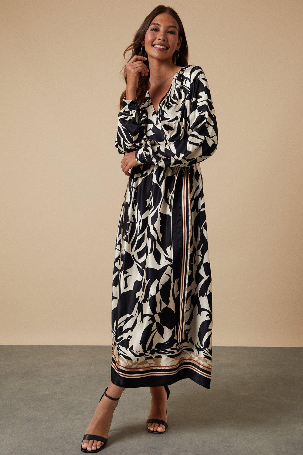 Dresses, Printed Viscose Satin Wrap Belted Midi Dress