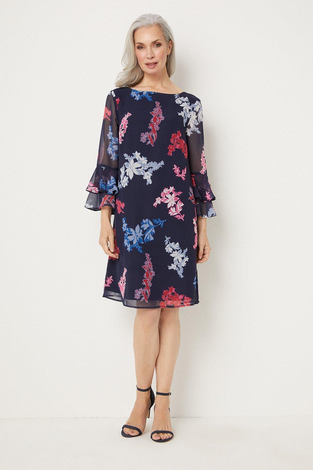 Navy And Pink Floral Fluted Shift Dress