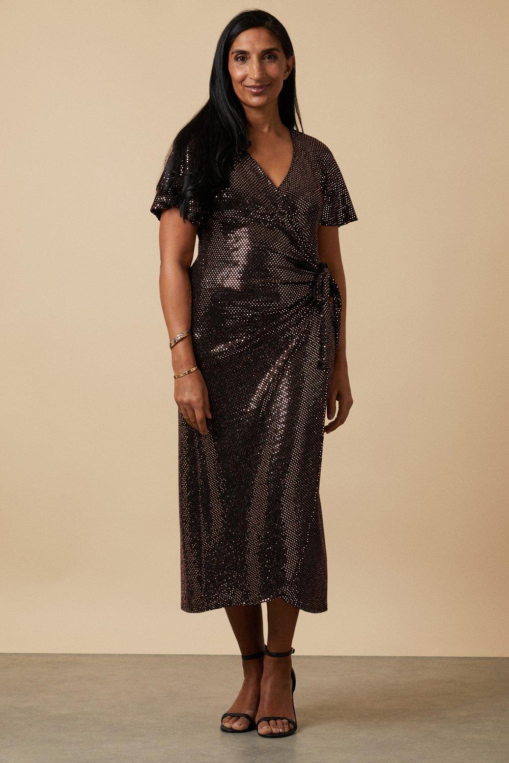 Sequin Wrap Angel Sleeve Midi Dress
