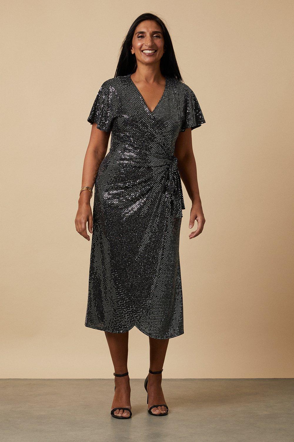 Sequin Wrap Angel Sleeve Midi Dress