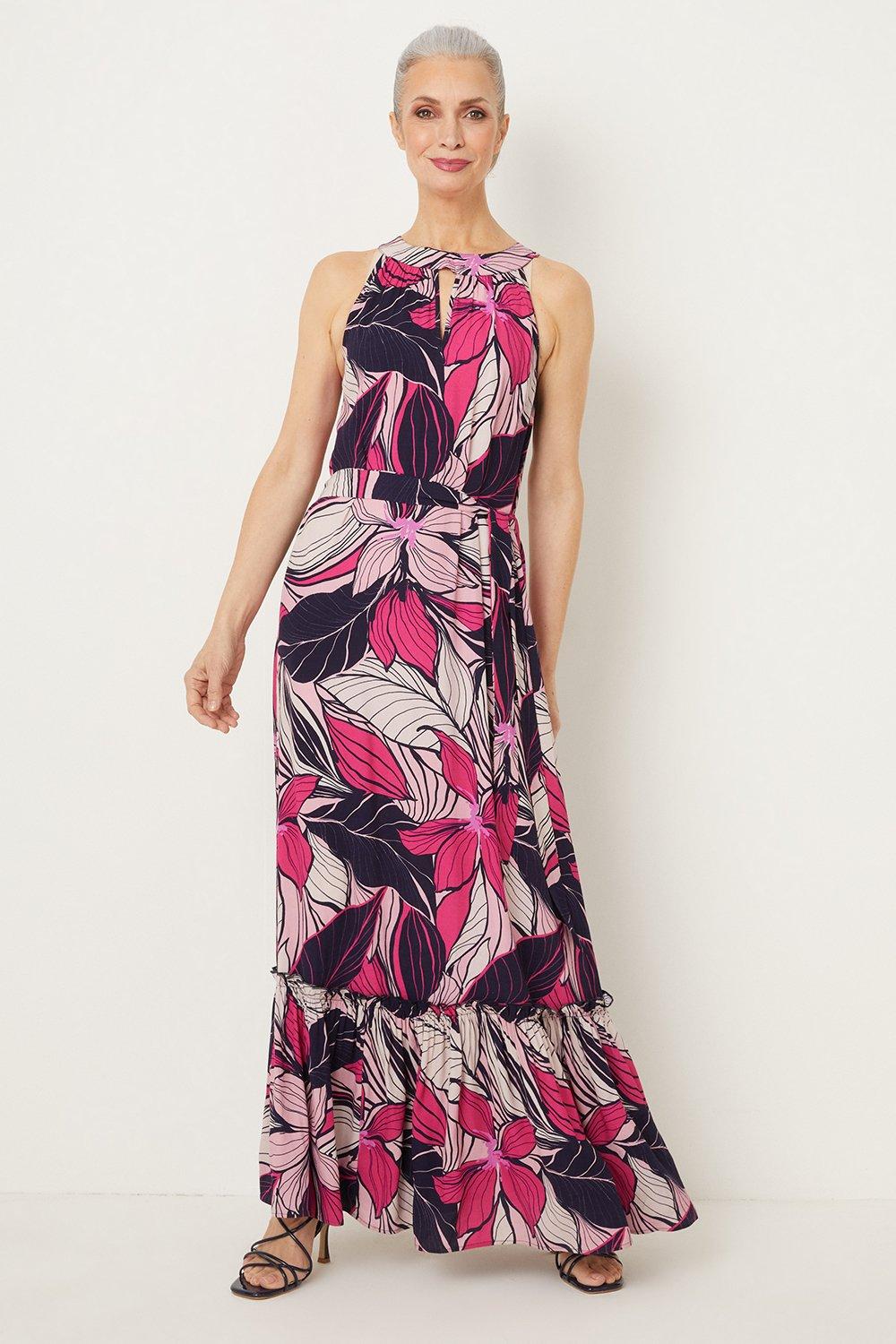 Pink Leaf Print Maxi Dress