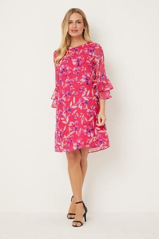 Product Petite Pink Watercolour Floral Ruffle Sleeve Shift Dress pink