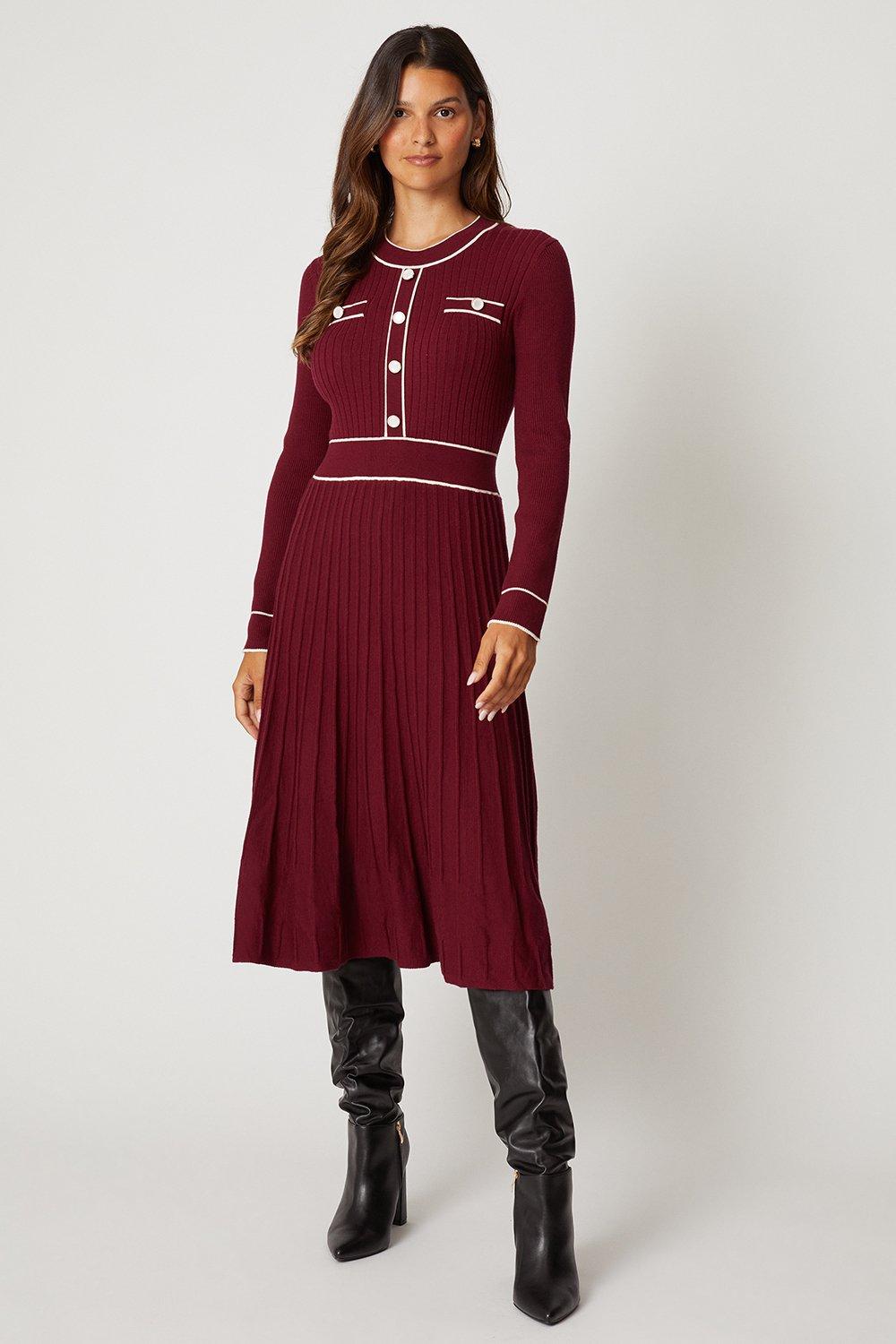 Berry Ribbed Pleated Dress