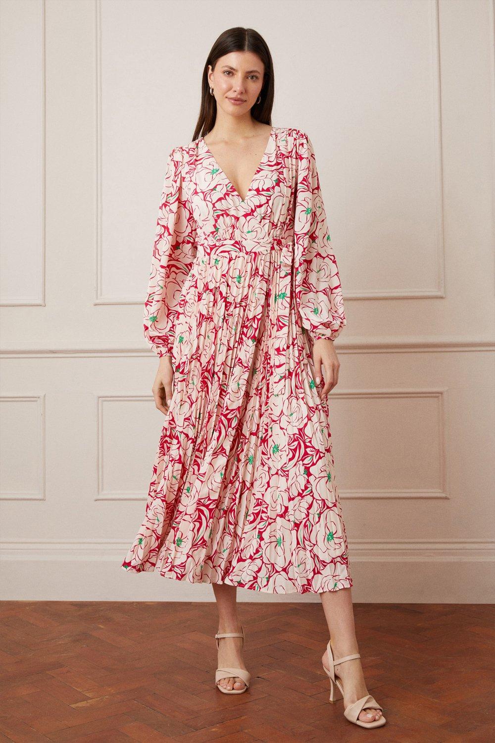 Floral Wrap Pleated Maxi Dress