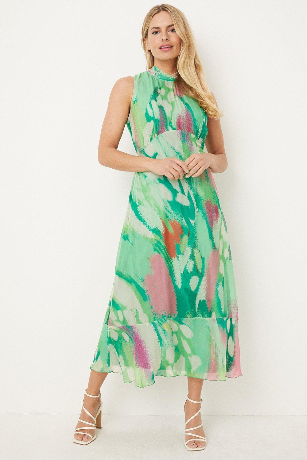Petite Green Abstract Silk Mix Sleeveless Midaxi Dress