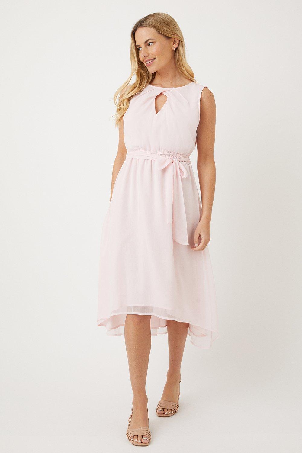 Petite Pink Sleeveless Belted Highlow Midi Dress