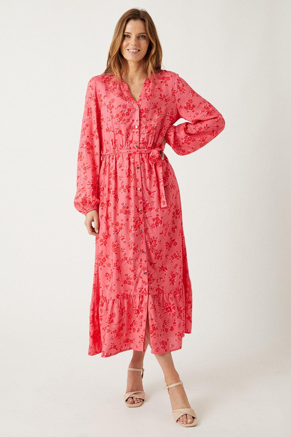 Dresses | Pink Floral Button Through Tiered Midi Dress | Wallis