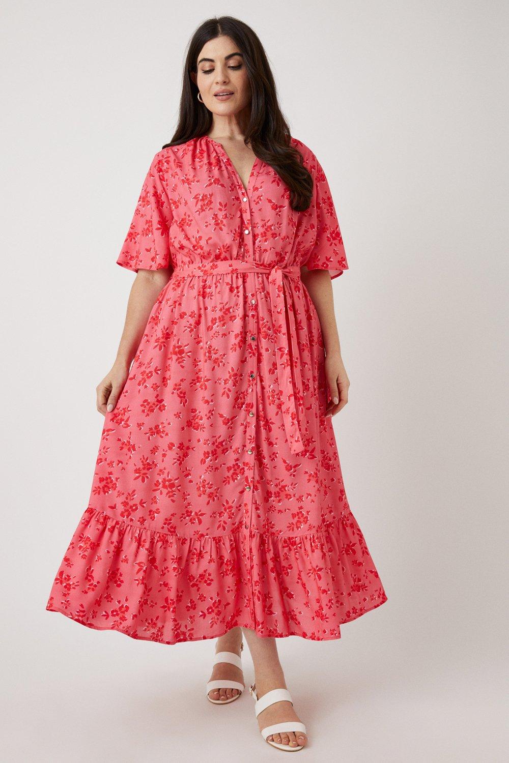 Curve Red Floral Button Through Tiered Midi Dress