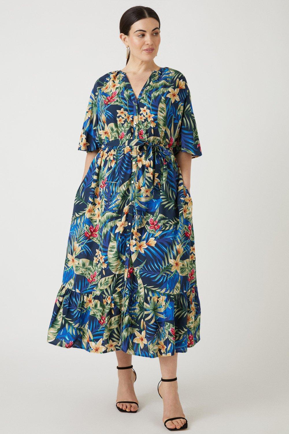 Curve Navy Tropical Button Through Tiered Midi Dress