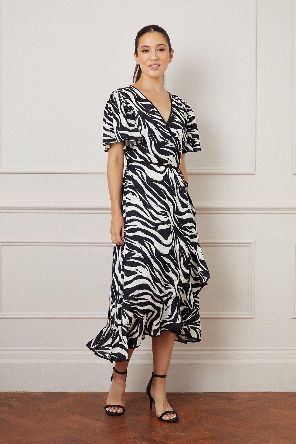 Zebra Jacquard Contrast Ruffle Wrap Dress