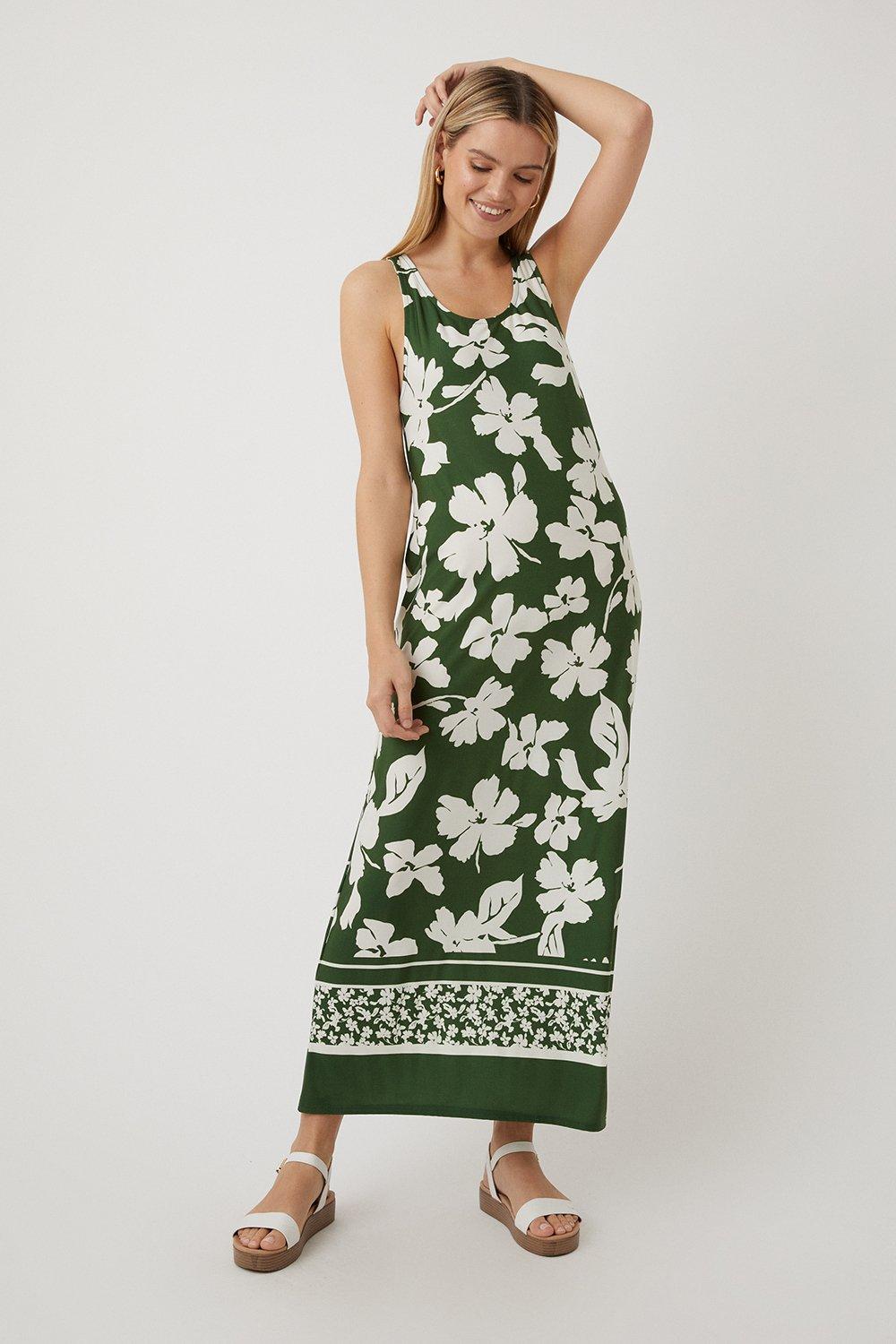 Khaki Floral Border Print Maxi Dress