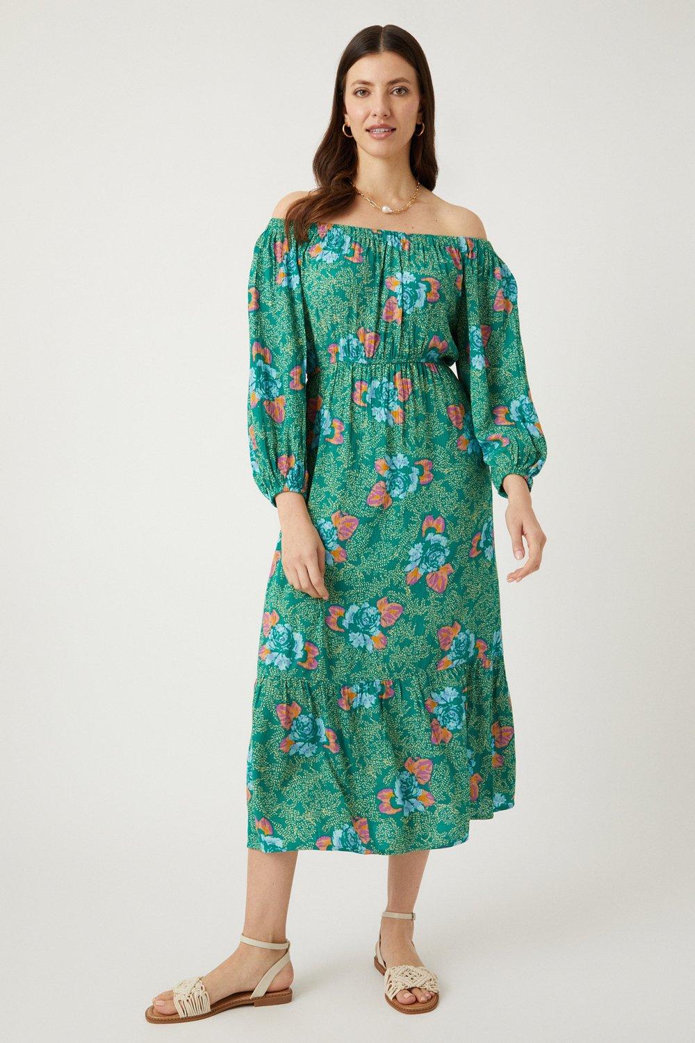 Green Floral Viscose Bardot Dress