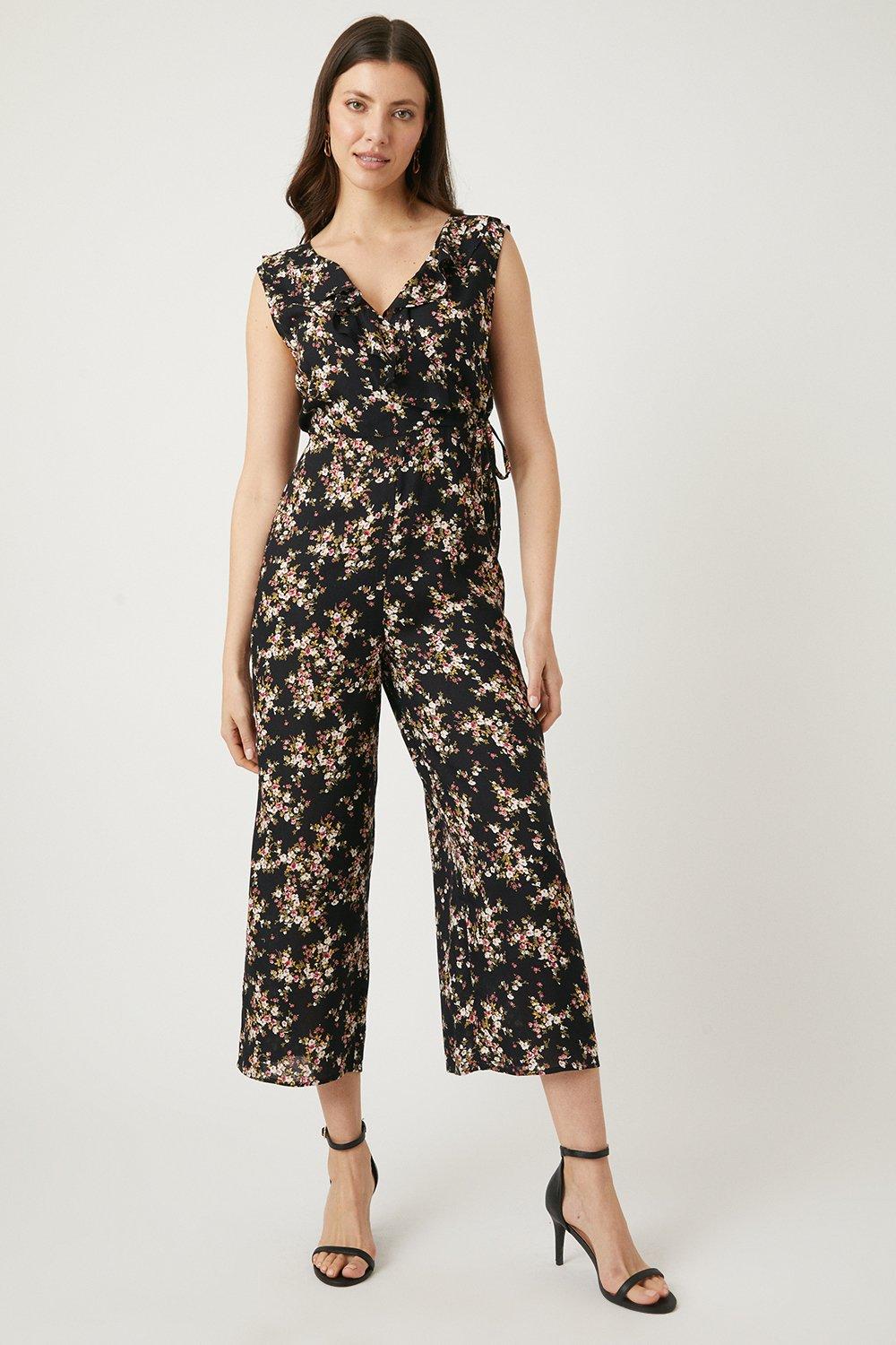 Jumpsuits | Black Floral Wrap Frill Jumpsuit | Wallis