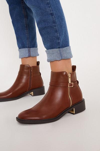 Amanda Side Zip Buckle Detail Riding Ankle Boots