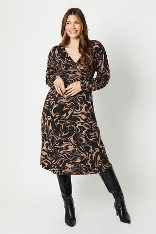 Love & Roses Black Spot 3/4 Sleeve Printed Pleated Belted Midi Dress