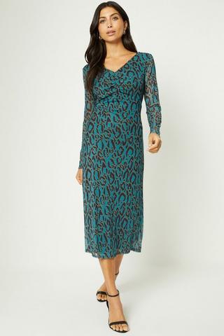 Product Teal Animal Mesh Ruche Front Long Sleeve Midi Dress teal