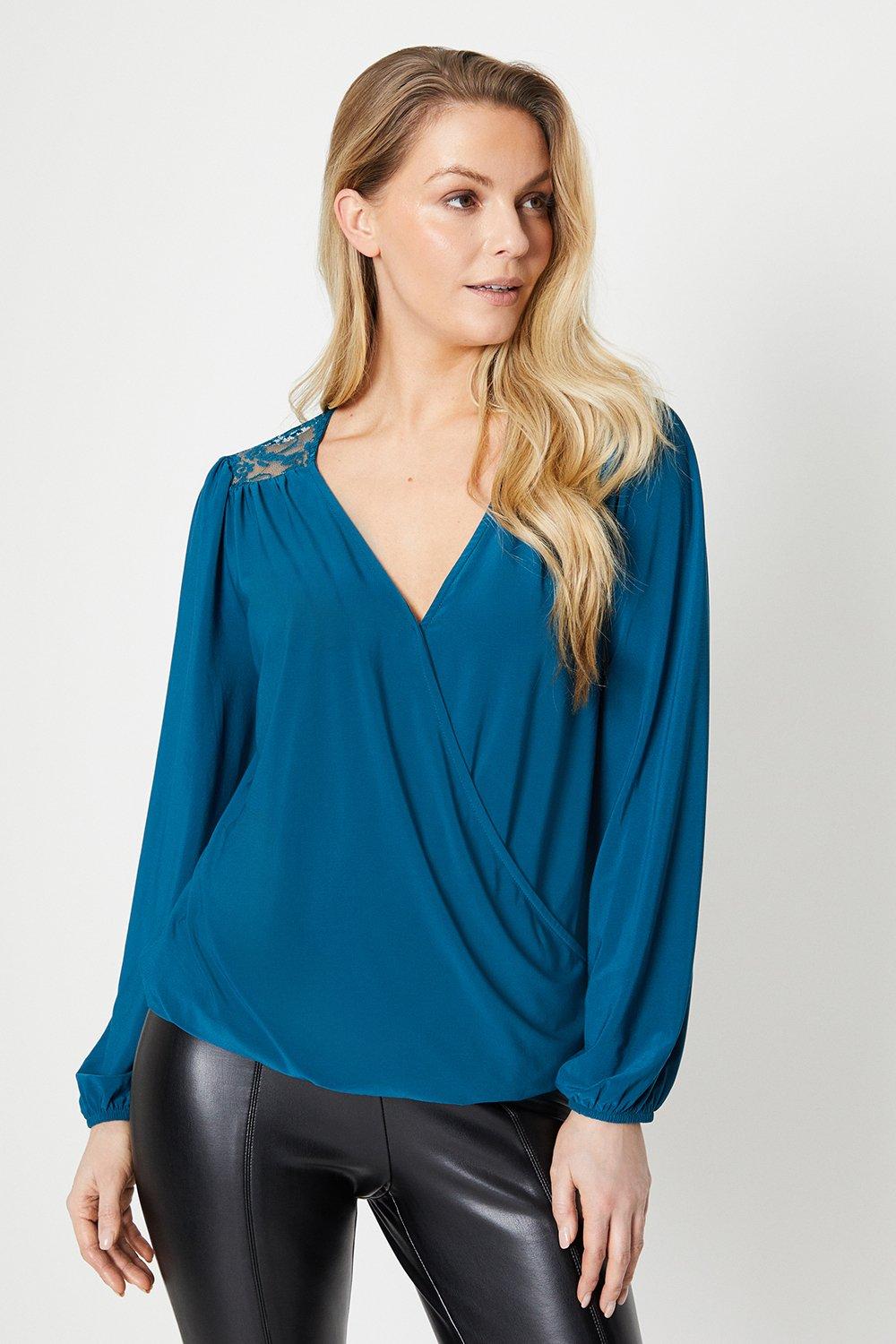 Tops | Lace Insert Jersey Wrap Top | Wallis