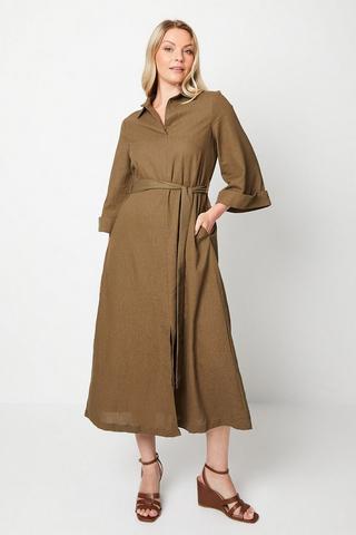 Product Linen Belted Midi Shirt Dress khaki