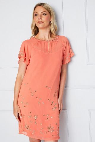 Product Embellished Short Sleeve Shift Dress coral