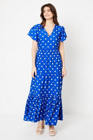 Product Spot Print Viscose Blend Trim Detail Maxi Dress blue
