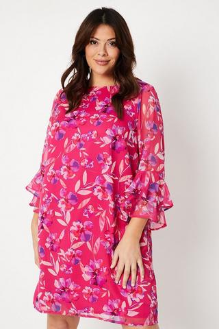Product Curve Flute Sleeve Floral Shift Dress pink