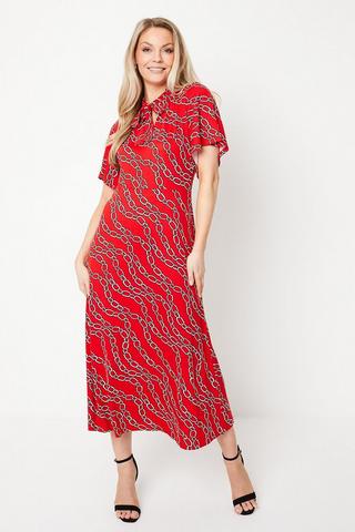 Product Jersey Chain Print Tie Neck Belted Midi Dress red