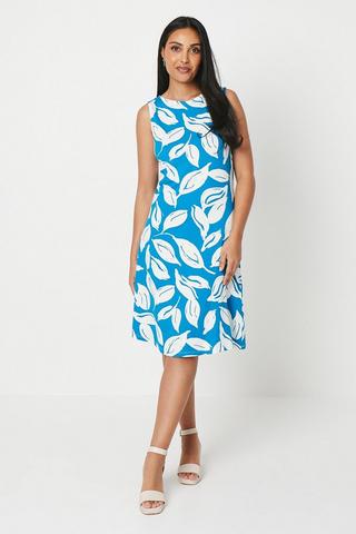 Product Petite Leaf Print Jersey Gathered Fit And Flare Mini Dress blue