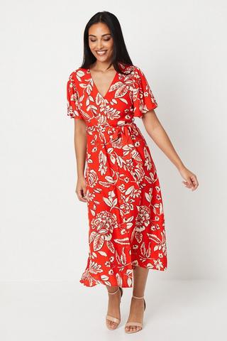 Product Petite Red Floral Button Through Midi Dress red