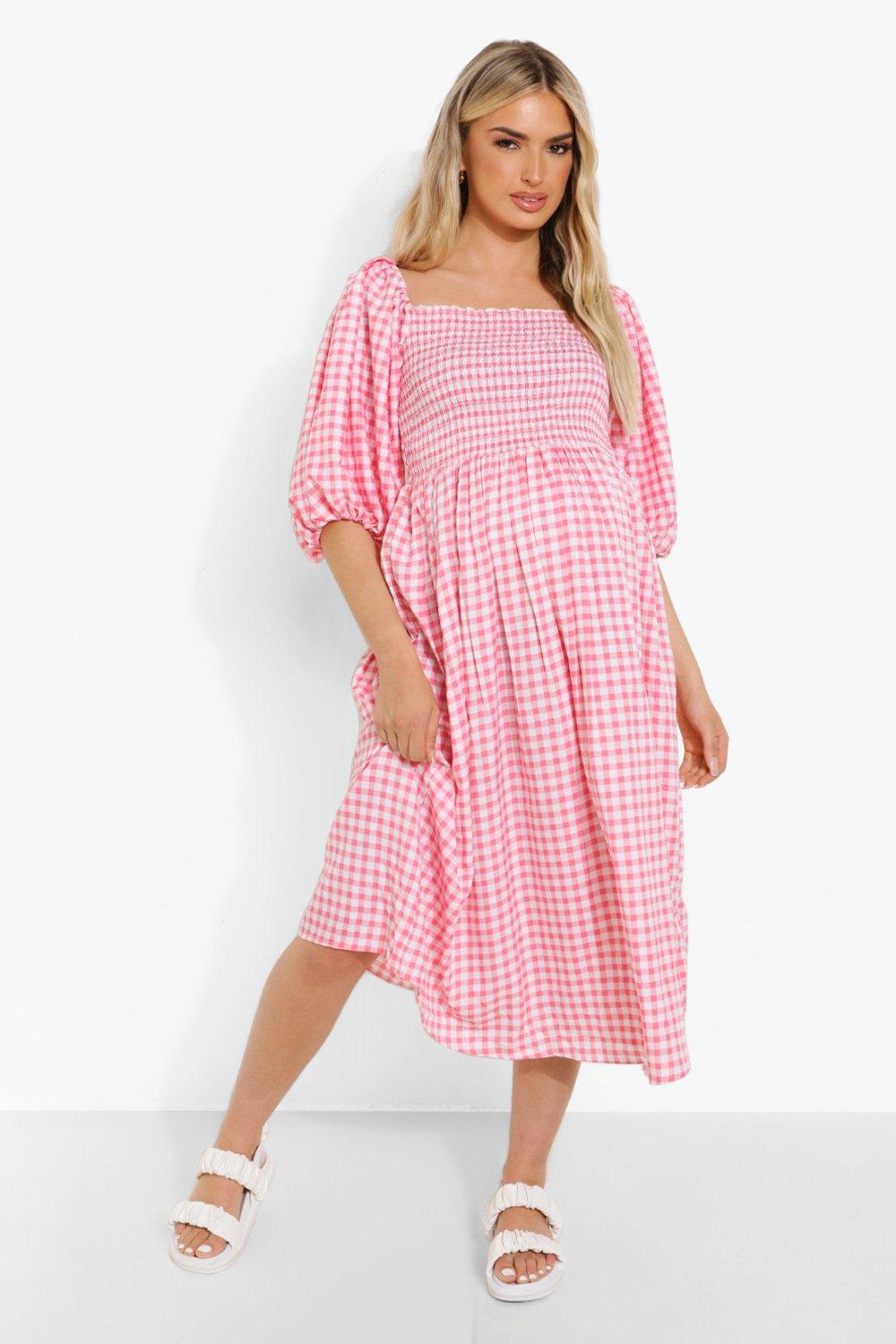 Maternity Gingham Puff Sleeve Midi Dress