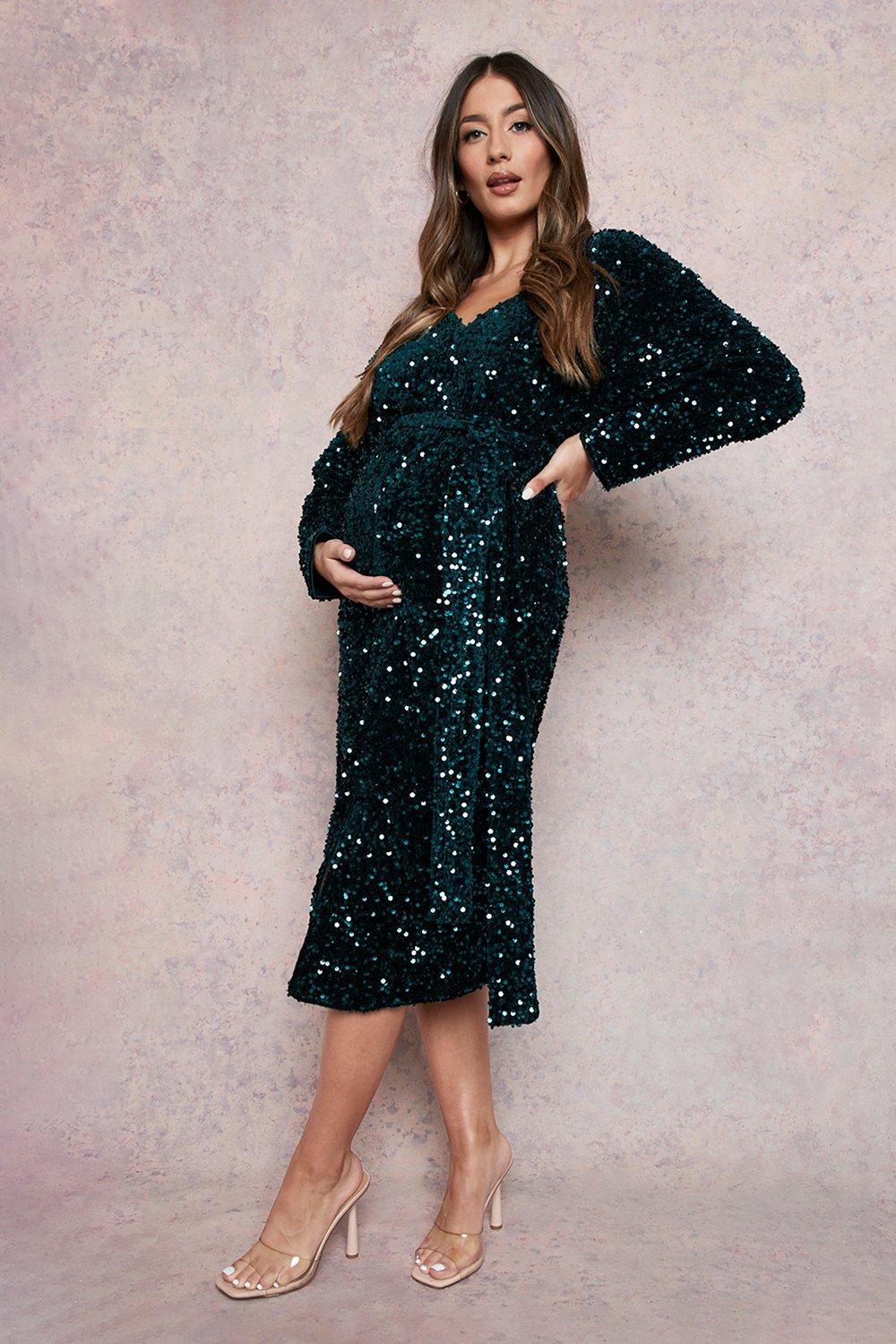 Maternity Plunge Velvet Sequin Midi Dress
