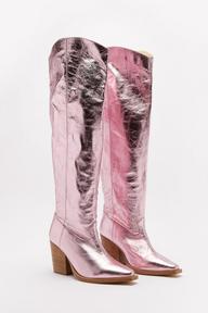 Leather Metallic Slouchy Knee High Cowboy Boots