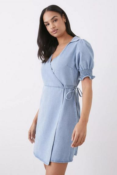 Short Sleeve Denim Mini Wrap Dress