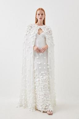 Floral Applique Crystal Embellished Woven Maxi Cape