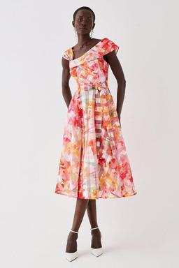 Twist Side Bardot Stripe Organza Midi Dress