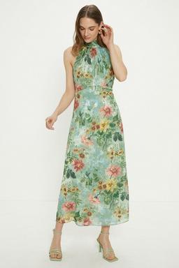 Petite Soft Floral Satin Burnout Halter Midi Dress