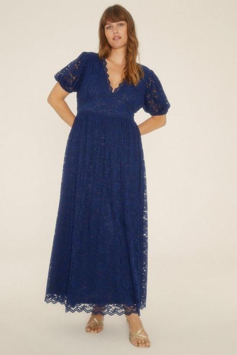 Plus Size Lace Puff Sleeve V Neck Midaxi Dress