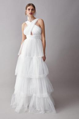 Cross Neck Tiered Tulle Maxi Dress