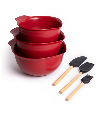 6pc Baking Set - 2x Spatula, Pastry Brush, 3x Red Nesting Mixing Bowls