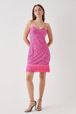 Embellished Strappy Cami Dress With Fringe Hem