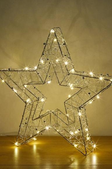 40cm Battery Operated Silver Woven Mesh Christmas Star Decoration with Warm White LEDs