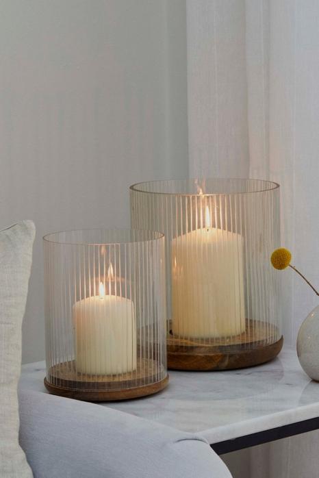Amelia Ribbed Glass Wooden Candle Holder H19.5cm D16cm