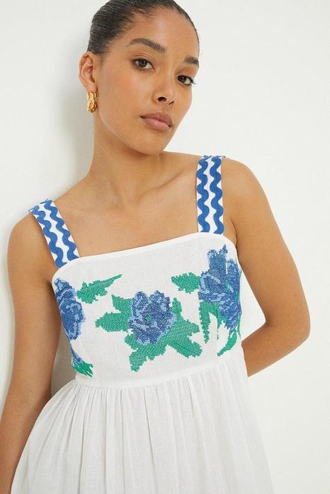 Ivory Strappy Embroidered Midi Dress