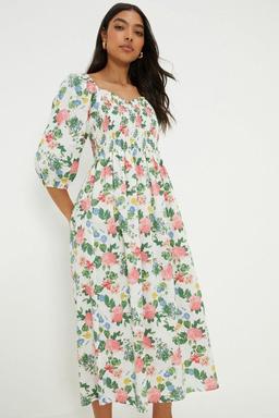 Floral Print Shirred Bodice Midi Dress