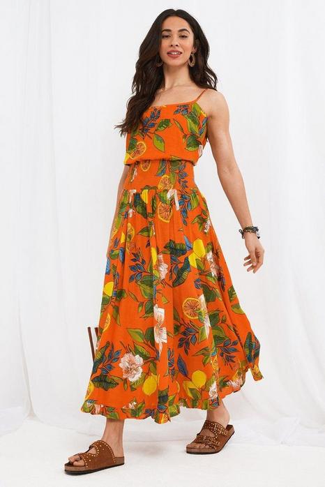 Bright Fruit Print Floral Tiered Co Ord Maxi Skirt