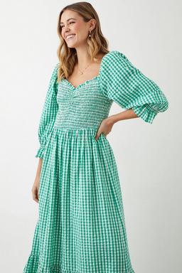 Green Gingham Shirred Midi Dress