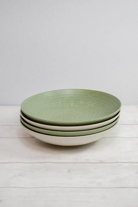Set of 4 Green and White Pasta Bowls