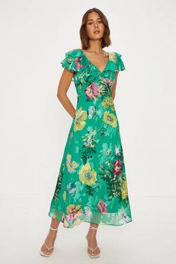 Bright Floral Satin Burnout Ruffle Midi Dress
