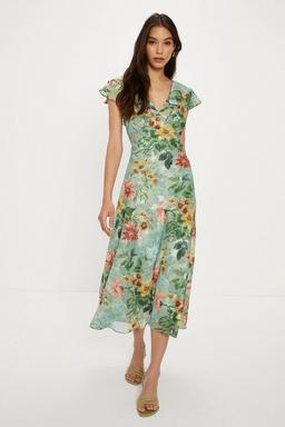 Soft Floral Satin Burnout Ruffle Midi Dress